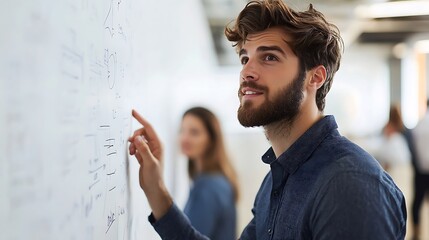 Male professional standing by a whiteboard, explaining complex data to his attentive team