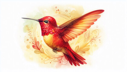 Obraz premium A watercolor hummingbird, centered, in red and yellow with a soft cream