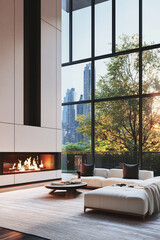 Luxury minimalist living room, with modern fire place. Penthouse, two floor high ceiling. City skyline, park view outside the window. Spacious cozy sofa.