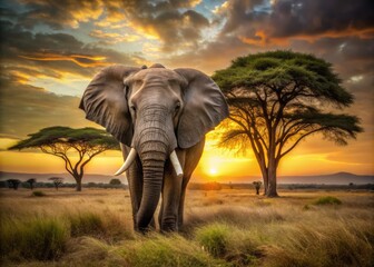 Obraz premium Majestic African elephant bull with wrinkled gray skin and tusks stands alone in a serene savannah landscape with acacia trees and golden sunset light.