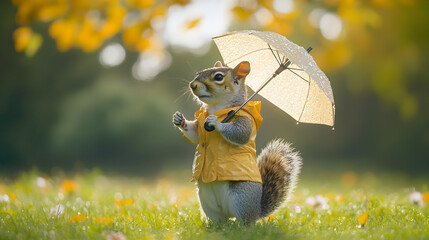 A playful squirrel in a raincoat holds a tiny umbrella while standing on a grassy field surrounded by autumn leaves