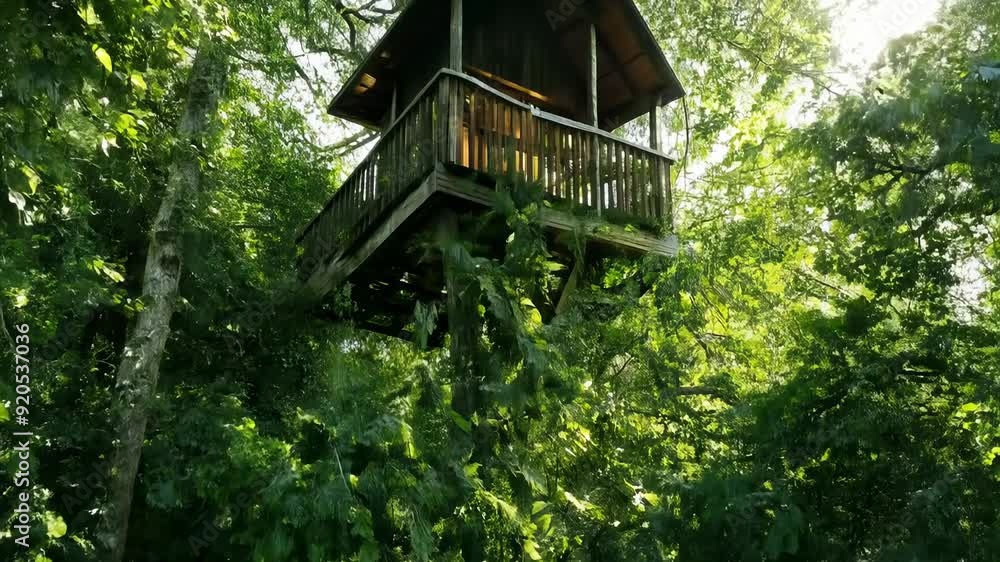 Poster exploring the dense forest canopy in a hidden treehouse during midday