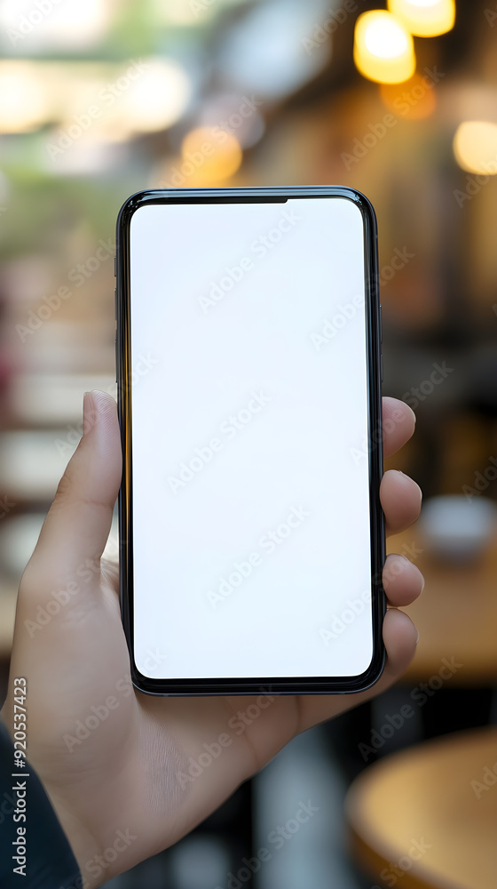 Poster a blank smartphone screen is held in a hand with a blurred café background, highlighting the potenti