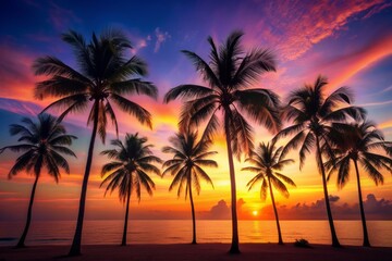 Obraz premium Vibrant warm tones illuminate the serene silhouette of palm trees against a tropical horizon at dawn or dusk, evoking feelings of tranquility and paradise.