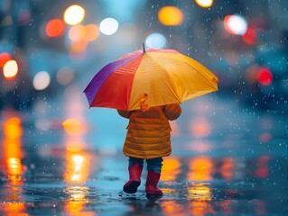 A child walks in the rain with a colorful umbrella on a wet city street at dusk