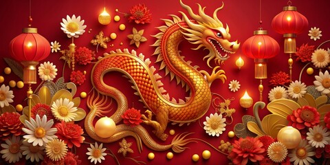 Obraz premium Vibrant red and gold dragon zodiac sign surrounded by blooming flowers, lanterns, and festive elements on a rich red background with copious copy space.