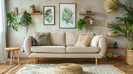 Cozy Modern Living Room with Beige Sofa, Green Plants, and Botanical Wall Art in Natural Light