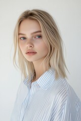 Obraz premium blonde model with straight, shoulder length hair, wearing a light blue and white striped shirt