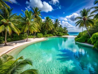 Obraz premium Tranquil tropical paradise scenery featuring lush greenery, turquoise swimming pool, and pristine beach with calm turquoise waters and powdery white sand.
