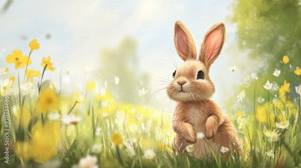 Poster A cute brown rabbit with long ears stands in a field of yellow and white wildflowers, looking up with curious eyes.