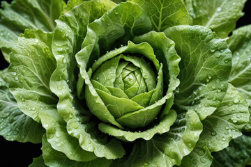 Obraz premium Fresh cabbage with dew drops close-up, top view