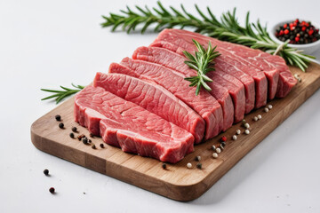 Raw beef meat steak with rosemary on white background