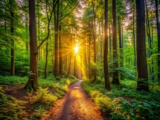Naklejka premium Serene sunlit forest trail at sunrise, surrounded by dense greenery, vibrant foliage, and towering trees, evoking a sense of tranquility and adventure in nature.