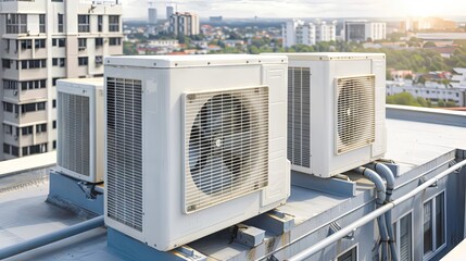 Air conditioning units installed on the roofs of industrial buildings