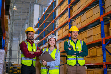 Blue collar workers are working at warehouse.