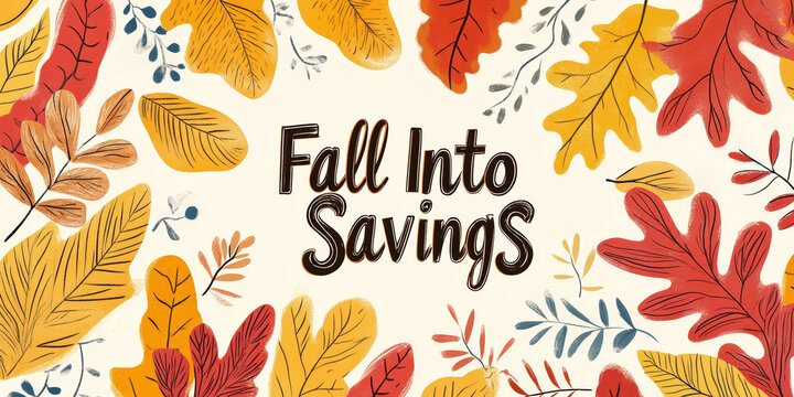 "Fall Into Savings" lettering with autumn leaves. Seasonal discount offer.	
