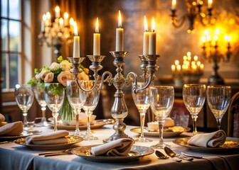 Luxurious formal dinner setting with ornate candelabras, fine china, crystal glasses, and crisp linens, evoking sophistication and refinement in an upscale hospitality atmosphere.