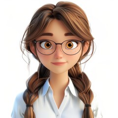 This vibrant 3D cartoon features a stylish office lady with long hair, set against a clean white backdrop.