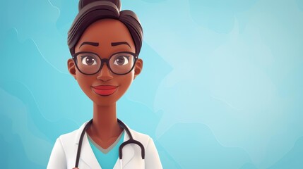 A vibrant 3D render of a thoughtful African woman doctor, showcasing her expertise in healthcare and dedication to patients.