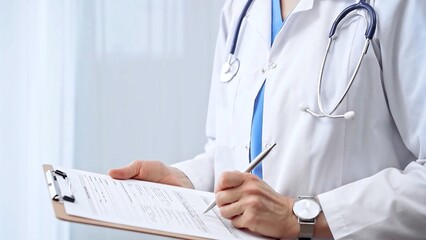 Female doctor taking notes on clipboard. Close-up of a unrecognizable female professional writing and filling up medication history records form