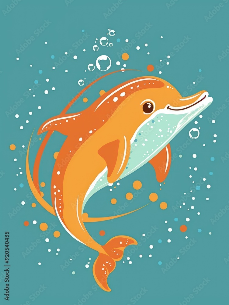 Poster A cartoon orange dolphin with a smile and big eyes swims with white bubbles around it on a turquoise background.