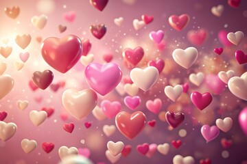 Whimsical 4K animation of flying hearts in various sizes and colors against a soft pink background, evoking feelings of love, warmth, and gentle romance.