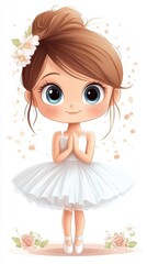 A charming vector design of a cute ballerina, showcasing her whole body with big lashes on a crisp white background.