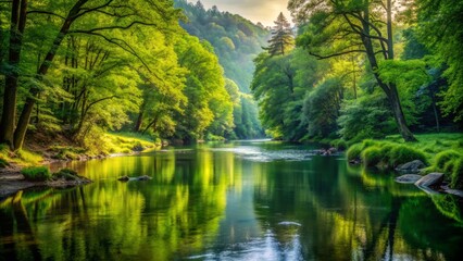 Fototapeta premium Serene river winds through lush green forest, surrounded by towering trees, vibrant foliage, and lush vegetation, reflecting the tranquility of nature's untouched beauty.