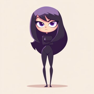 A striking fullbody view of a fierce character in a low angle, showcasing her bold outfit and powerful stance.