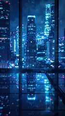A futuristic and minimalist office overlooking a blurry, high-tech city in a deep blue tone.