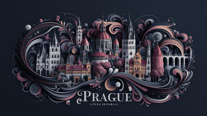 Detailed artistic illustration of Prague’s historic architecture with prominent buildings like cathedrals and towers, surrounded by swirling decorative patterns, capturing the rich history and culture