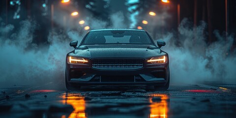 Black Car in Smoke and Rain