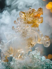 A detailed glass sculpture of a mythical creature standing on swirling waves.