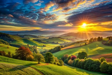 Vibrant sunrise landscape panorama with rolling green hills, breathtaking colors, and endless copy space, perfect for capturing new beginnings and fresh starts concept.