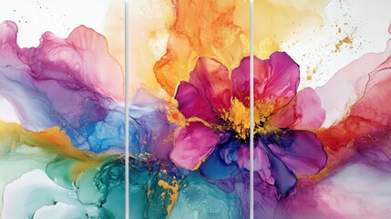 set of 3 art panels with abstract floral colorful painting, white background, close up, sliced into three 