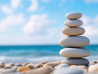 A serene tower of smooth stones balanced on a beach, showcasing tranquility against a backdrop of ocean and sky.