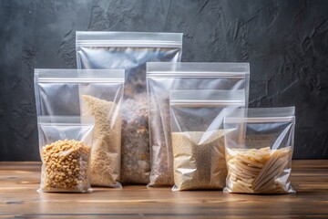 Transparent ziplock bags of various sizes stand upright and empty on a clear background, awaiting contents, with crinkled edges and sealed closures prominently displayed.