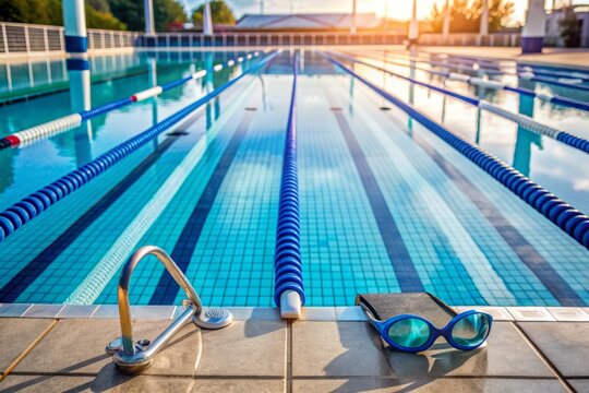 A serene and tranquil swimming pool scene with lanes, starting blocks, and swim goggles resting on the deck, ready for an athlete's training session.