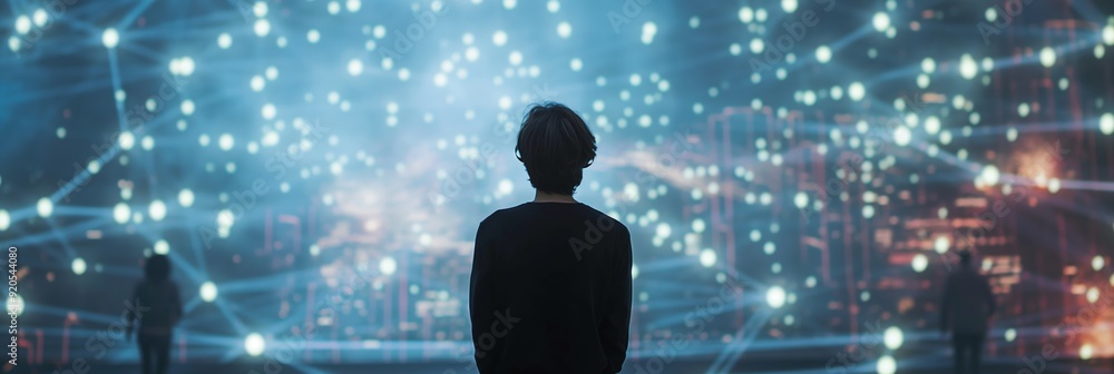 Poster a person looking at a futuristic data visualization and digital world full of interconnected points 