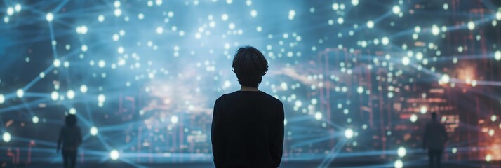 A person looking at a futuristic data visualization and digital world full of interconnected points and networks, indicating technology advancement.