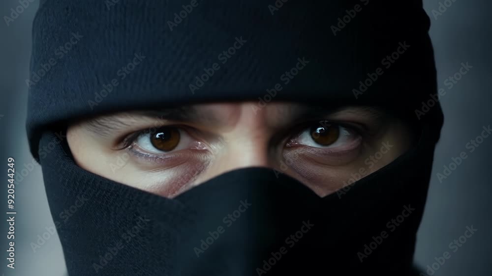 Poster the sharp profile of a ninjas jawline hidden behind a mask.