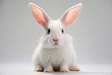 Fototapeta premium Adorable white rabbit with pink ears and nose sitting calmly on a transparent background, showcasing its fluffy fur and endearing facial expression.