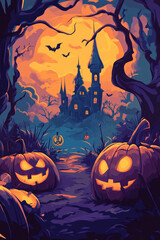 halloween pumpkins in dark forest, with black castle, flat vector illustration background