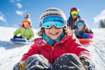 A group of children dressed in colorful winter clothing enjoy sledding down a snowy hill, capturing the joy, excitement, and playful spirit of a winter day outdoors.