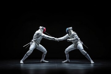 Two fencers in white protective gear shake hands in a dark arena, symbolizing sportsmanship and respect before engaging in a competitive fencing match under spotlight.