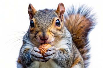 Adorable eastern grey squirrel's tiny paws grasp a nut, its bright eyes shining with excitement, against a transparent background, showcasing its natural behavior.