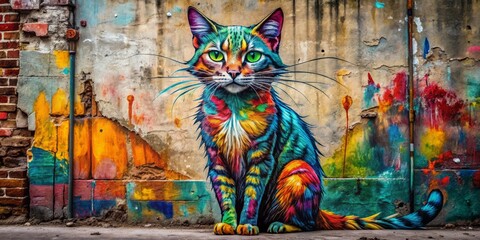 Fototapeta premium Vibrant street art showcases a stylized, abstract feline figure in bold brushstrokes, standing upright on a distressed urban wall, exuding confidence and mystique.