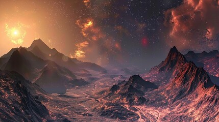 Majestic Rocky Exoplanet with Colorful Nebulae in the Sky