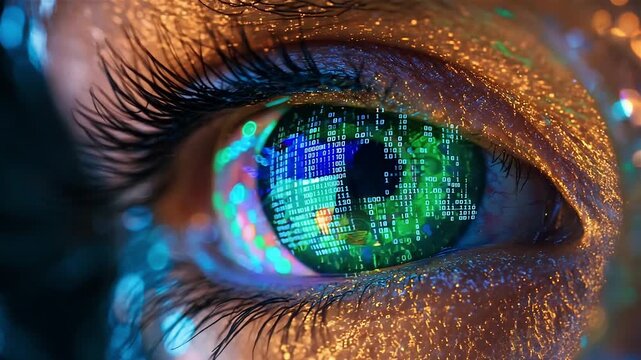 A Close-Up of Eyes Reflecting Neon with Blue and Green Glitches and Running 0101 Code, Captured in 4K Video