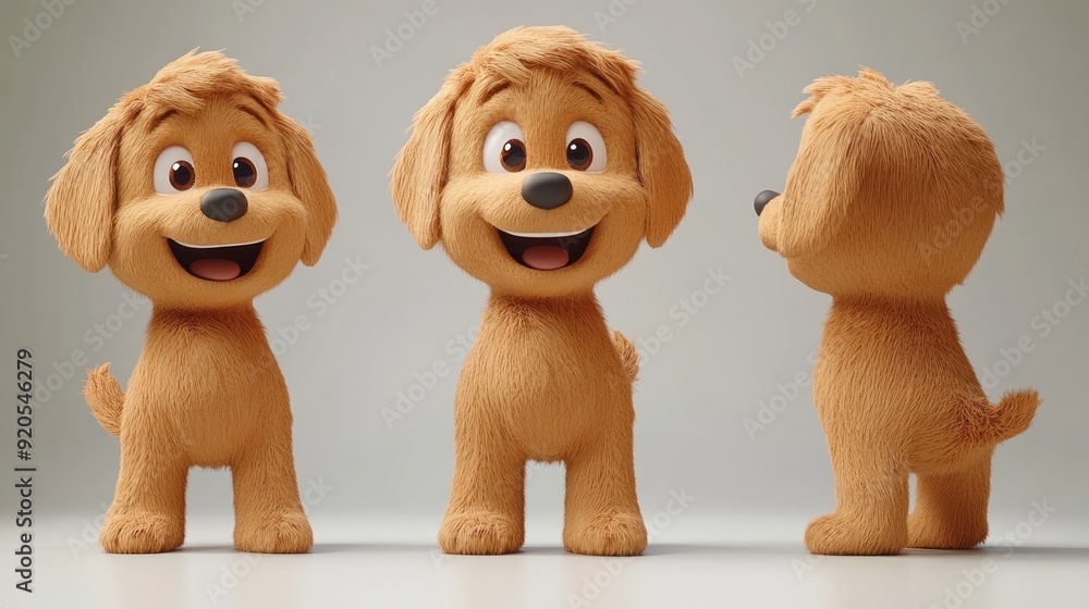 Canvas Prints A cute cartoon puppy with brown fur is looking at the camera from three different angles, with a happy expression.